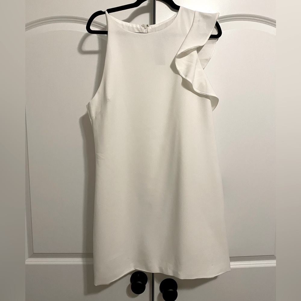 White bridal spaghetti strap dress with ruffle cap sleeve. TTS